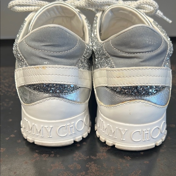 Jimmy Choo Silver Glitter and White Leather Sneakers - Picture 9 of 15